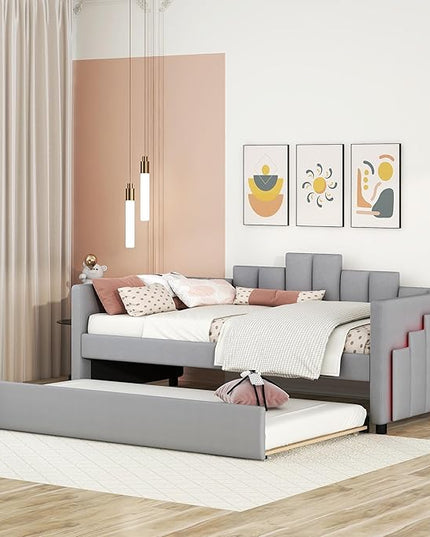 Teddy Fleece Twin Size Upholstered Carton Ears Shaped Headboard for Kids Bedroom,Wood Low Daybed Platform Bed,Super Save Space/Easy Assembly/No Box Spring Needed,Gray - LeafyLoom