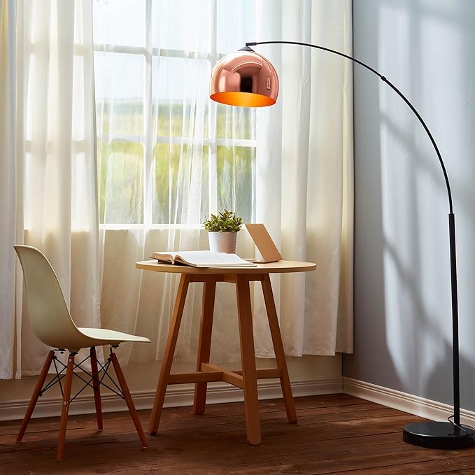 Teamson Home Arquer 66.93" Arc Floor Lamp for Living Rooms, Home Offices, Dining Rooms, Bedrooms with Faux Black Marble Base and Rose Gold Bell Shade - LeafyLoom