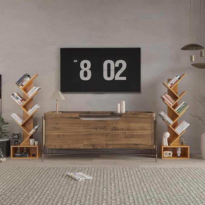 YMYNY 6 Tier Tree Bookshelf, Tall Bookcase, Wood Book Storage Rack with Drawer, Modern Floor Standing Book Shelf for Books/Movies/CDs, Utility Organizer for Living Room, Home Office, Natural UHBC016N - LeafyLoom