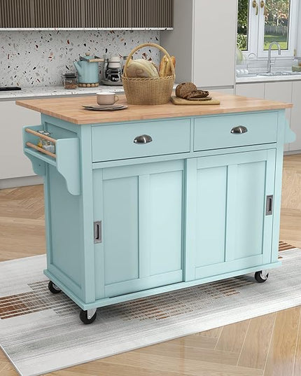 Cart with Rubber Wood Drop-Leaf Countertop and Sliding Barn Door, Rolling Mobile Island on Wheels w/Storage and Towel Rack for Dining Room Kitchen, Mint Green, 52.2 Inch - LeafyLoom