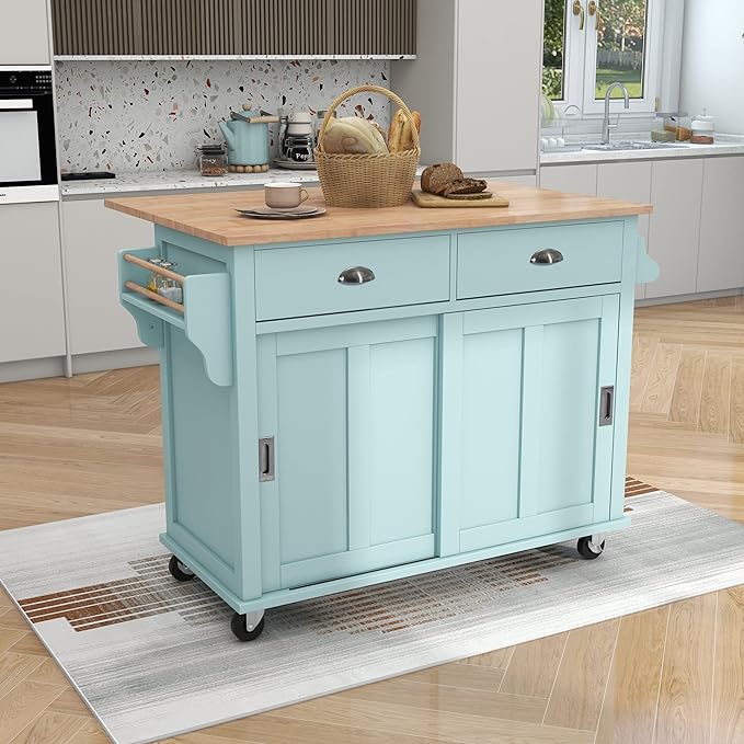 Cart with Rubber Wood Drop-Leaf Countertop and Sliding Barn Door, Rolling Mobile Island on Wheels w/Storage and Towel Rack for Dining Room Kitchen, Mint Green, 52.2 Inch - LeafyLoom