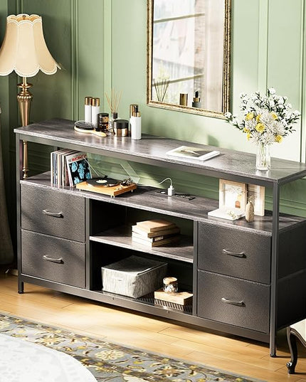 TV Stand Dresser with Power Outlets and LED Lights, 4 Drawers Entertainment Center with Shelves, 54in Media Console for 55 60 Inch TV, Dresser with PU Finish, Grey and Black - LeafyLoom