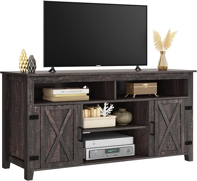 YITAHOME Highboy Farmhouse Barn Door TV Stand for 65 Inch TV, Modern Entertainment Center for 300 lbs, TV Media Console Storage TV Cabinet for Living Room, Dark Rustic Oak, 59.5” - LeafyLoom