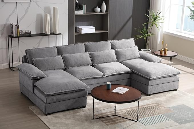 Symmetrical U Shaped Modular Sectional Sofa Cloud Couch, 6 Seater Oversized Convertible Sleeper Couch with Double Chaise & Memory Foam, Deep Seat Corner Sofa&Couches for Living Room Office - LeafyLoom