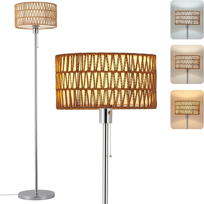 Rattan Floor Lamp for Living Room, Boho Standing Lamp with 3 Color Temperatures, Farmhouse Floor Lamp Wicker Lamp Double Shades, Bohemian Floor Lamps for Bedroom, Office(Chrome) - LeafyLoom