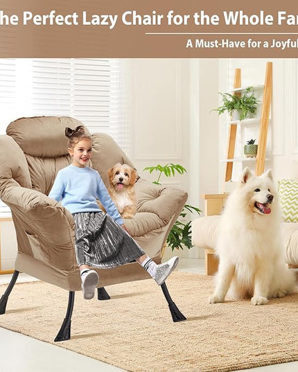 Lazy Chair Thick Padded, Accent Chair Velvet Upholstered with Wide Seat, Stable Metal Frame and Non-Slip Pad, Modern Sofa Armchair with Side Storage Bag for Dorm, Room, Office, Khaki - LeafyLoom