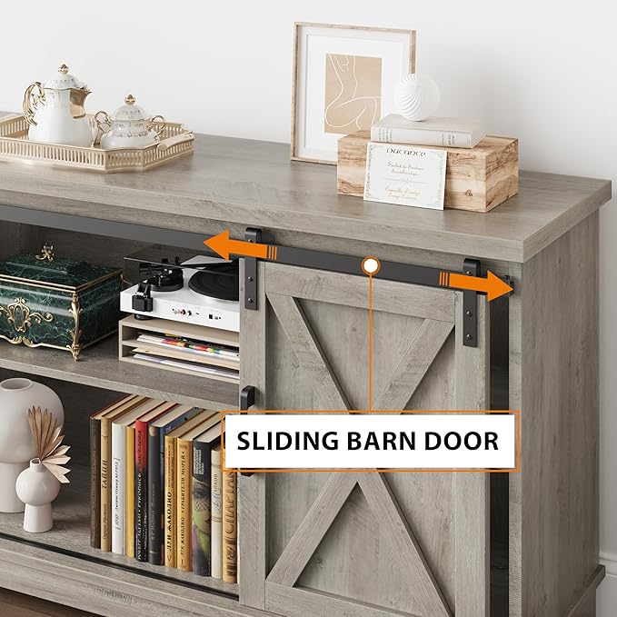 Entertainment Center for 65 Inch TV, Farmhouse TV Stand Media Console Table, Tall TV Stand with Sliding Barn Doors, Storage and Shelves, Wood TV Console Cabinet Furniture for Living Room, Grey - LeafyLoom