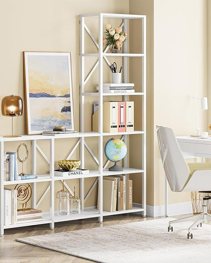 Tribesigns 9 Shelves Bookshelves, Industrial Ladder Corner Etagere Bookcase, Rustic 6-tier Display Open Shelf Storage Organizer for Living Room (White) - LeafyLoom
