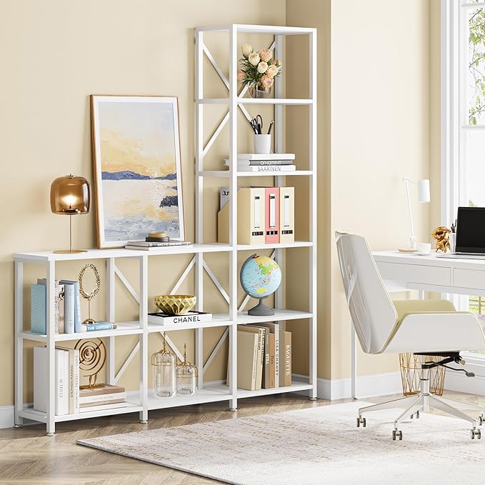 Tribesigns 9 Shelves Bookshelves, Industrial Ladder Corner Etagere Bookcase, Rustic 6-tier Display Open Shelf Storage Organizer for Living Room (White) - LeafyLoom