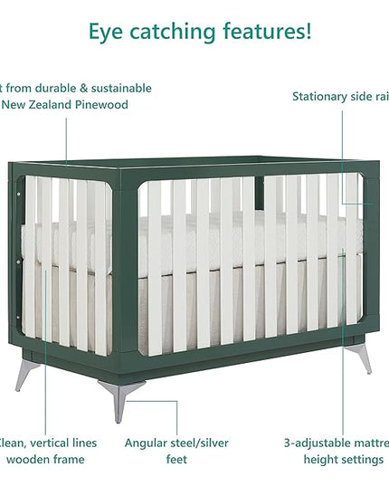 Sweetpea Baby Ultra Modern 4-in-1 Convertible Crib in Green in Olive, Greenguard Gold Certified , 58.5x30x47 Inch (Pack of 1) - LeafyLoom