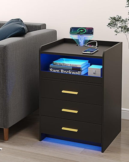 RGB Nightstand-Bedside-End-Table with USB &Wireless Charging Station: Smart Nightstand for Sofa Table with Human-Body Inductions, Modern Bedroom Furniture with Drawers for Living Room, Black - LeafyLoom