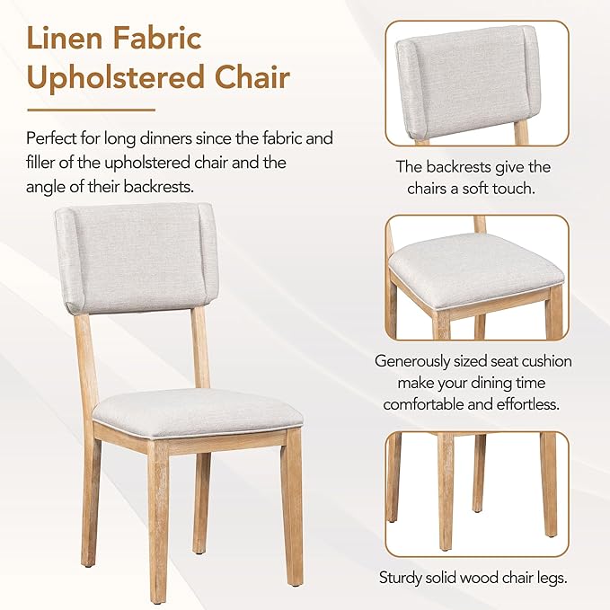 Modern Style 5 Piece 4 Upholstered Chairs, Rubber Wood Set w/59 Rectangular Trestle Table Base, Easy Clean, for Dining Room, Kitchen, Natural 23 - LeafyLoom