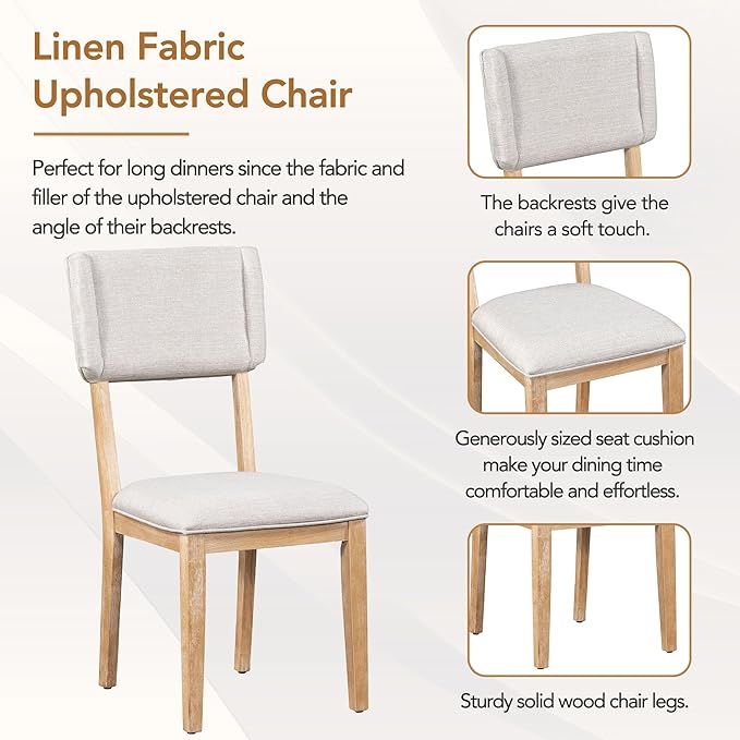 Solid Wood 5-Piece Dining Set with 4 Upholstered Chairs, 59-inch Rectangular Tabletop with Trestle Table Base, for Kitchen Living Room, Natural - LeafyLoom