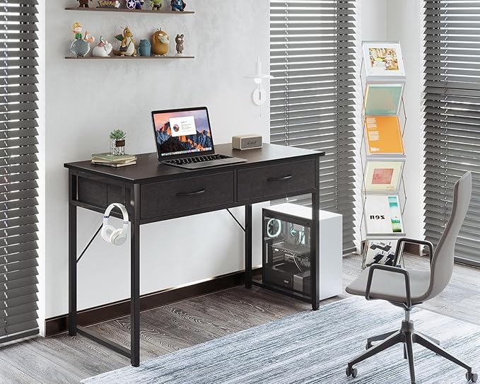 ODK 40 Inch Small Desk with Fabric Drawers- for Bedroom, Black Study Desk with Storage, Home Office Computer Desk for Small Spaces, Modern Work Writing Kids Table, Black - LeafyLoom