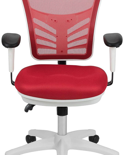 Flash Furniture Nicholas Mid-Back Red Mesh Multifunction Executive Swivel Ergonomic Office Chair with Adjustable Arms and White Frame - LeafyLoom