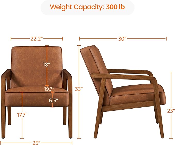 Yaheetech PU Leather Accent Chair, Mid-Century Modern Barrel Chair with Wooden Frame and Soft Thick Padded for Living Room Bedroom Home Office, 2 Pieces, Light Brown - LeafyLoom