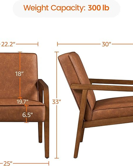 Yaheetech PU Leather Accent Chair, Mid-Century Modern Barrel Chair with Wooden Frame and Soft Thick Padded for Living Room Bedroom Home Office, Light Brown - LeafyLoom