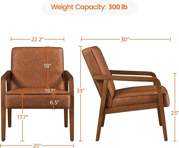 Yaheetech PU Leather Accent Chair, Mid-Century Modern Barrel Chair with Wooden Frame and Soft Thick Padded for Living Room Bedroom Home Office, Light Brown - LeafyLoom