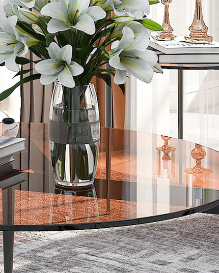 Round Tempered Glass Table: 31.5 inch Large Circle Top Storage Shelf with Metal Frame, Modern Coffee Table Center Desk Luxury Furniture for Living Room, Brown - LeafyLoom