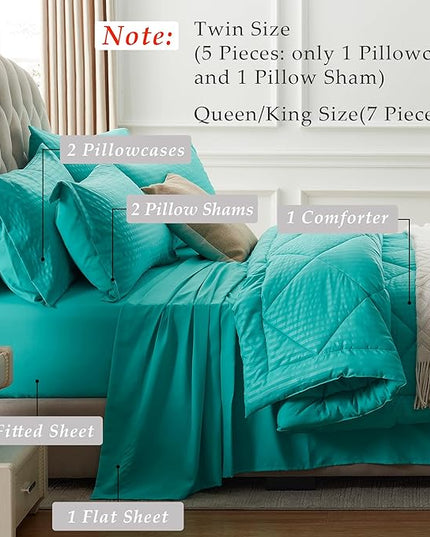 NexHome Turquoise King Bed in a Bag 7-Pieces Comforter Sets with Comforter and Sheets Soft All Season Bedding Sets with Comforter, Pillow Shams, Flat Sheet, Fitted Sheet and Pillowcases - LeafyLoom