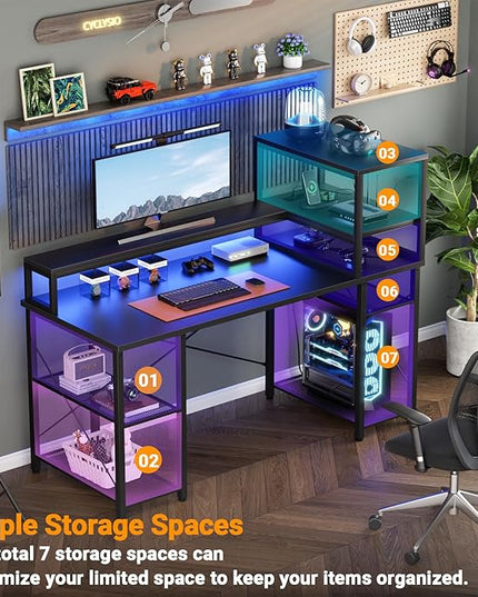 Cyclysio Gaming Desk with LED Light, 47 inch Computer Desk with Storage Shelves, Adjustable Home Office Desk with Power Outlets, Computer Gaming Desk with Long Monitor Stand for Small Space, Black - LeafyLoom