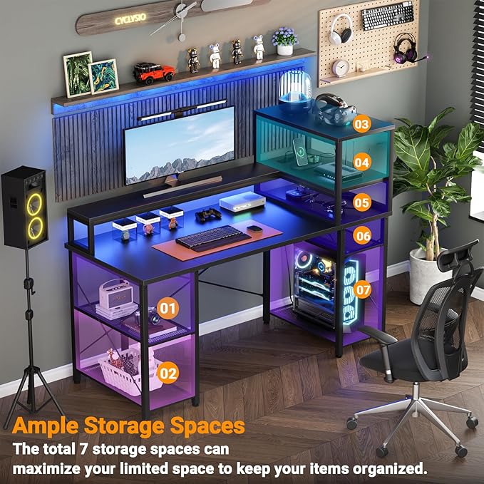 Cyclysio Gaming Desk with LED Light, 47 inch Computer Desk with Storage Shelves, Adjustable Home Office Desk with Power Outlets, Computer Gaming Desk with Long Monitor Stand for Small Space, Black - LeafyLoom