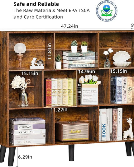 LEYAOYAO 10 Cube Bookshelf,3 Tier Modern Wide Bookcase with Legs,Mid-Century Wood Bookshelves Storage，Brown Large Book Case,Freestanding Organizer Display Shelf for Bedroom,Living Room,Office - LeafyLoom