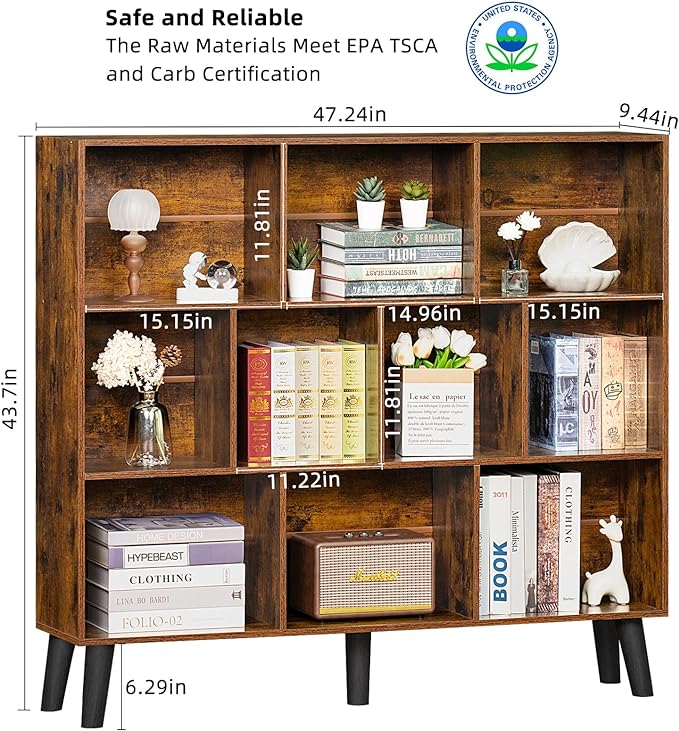 LEYAOYAO 10 Cube Bookshelf,3 Tier Modern Wide Bookcase with Legs,Mid-Century Wood Bookshelves Storage，Brown Large Book Case,Freestanding Organizer Display Shelf for Bedroom,Living Room,Office - LeafyLoom