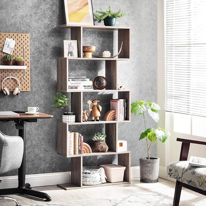 VASAGLE Wooden Bookcase, Display Shelf and Room Divider, Freestanding Decorative Storage Shelving, 5-Tier Bookshelf, Greige ULBC062M01 9.4D x 27.6W x 62.6H in - LeafyLoom