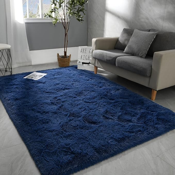 6x9 Large Area Rugs for Living Room, Super Soft Fluffy Modern Bedroom Rug, Navy Blue Indoor Shag Fuzzy Carpets for Girls Kids Nursery Room Home Decor - LeafyLoom