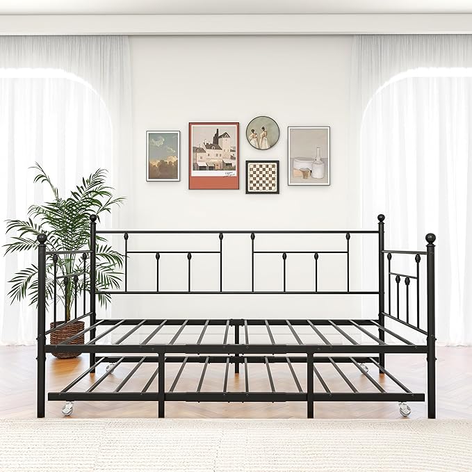 Twin Size Metal Daybed Frame with Trundle,Modern Multifunctional Platform Bed w/Slat Support and Retractable Support Tubes,Easy Assembly,for Guest Room,Bedroom,Living Room,Black - LeafyLoom