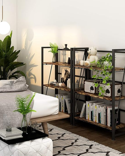 4NM No-Assembly Folding Bookshelf Storage Shelves 3 Tiers Vintage Bookcase Standing Racks Study Organizer Home Office (Rustic Brown and Black) - LeafyLoom