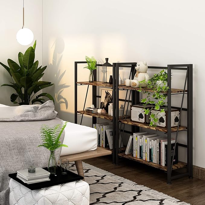 4NM No-Assembly Folding Bookshelf Storage Shelves 3 Tiers Vintage Bookcase Standing Racks Study Organizer Home Office (Rustic Brown and Black) - LeafyLoom