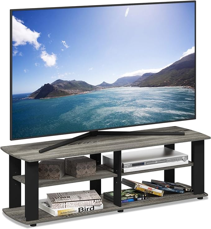 FURINNO Nelly Entertainment Center TV Stand, Short 43.3"(W) x13.4(H) x13.1(D), French Oak Grey/Black - LeafyLoom
