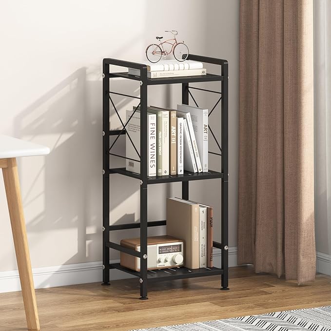 JSB 3 Tier Metal Bookshelf Bathroom Storage Standing Shelf Unit Kitchen Storage Organizer Display Rack Bookcases Shelves for Living Room, Bedroom, Office (Black, 3 Tier) - LeafyLoom