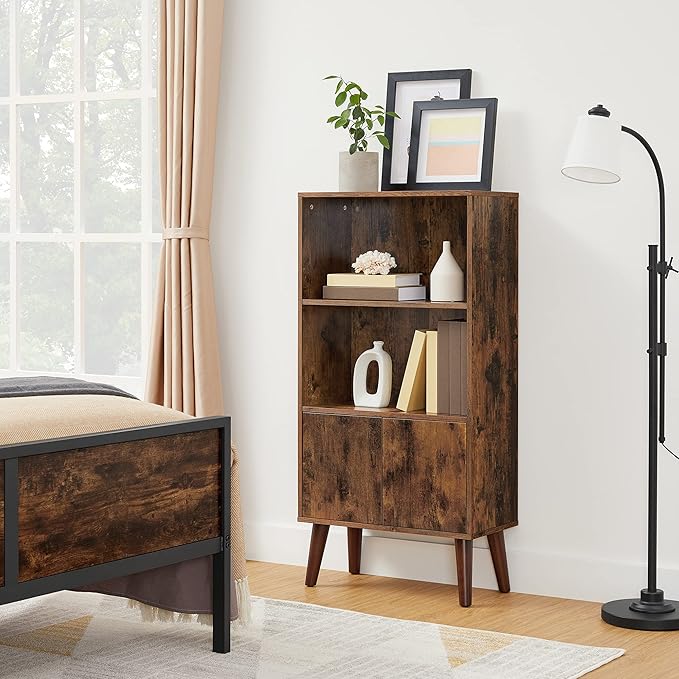 VASAGLE Bookcase, 2-Tier Retro Bookshelf with Doors, Storage Cabinet for Books, Photos, Decorations in Living Room, Office, Study, Mid-Century Style, Rustic Brown ULBC09BX - LeafyLoom