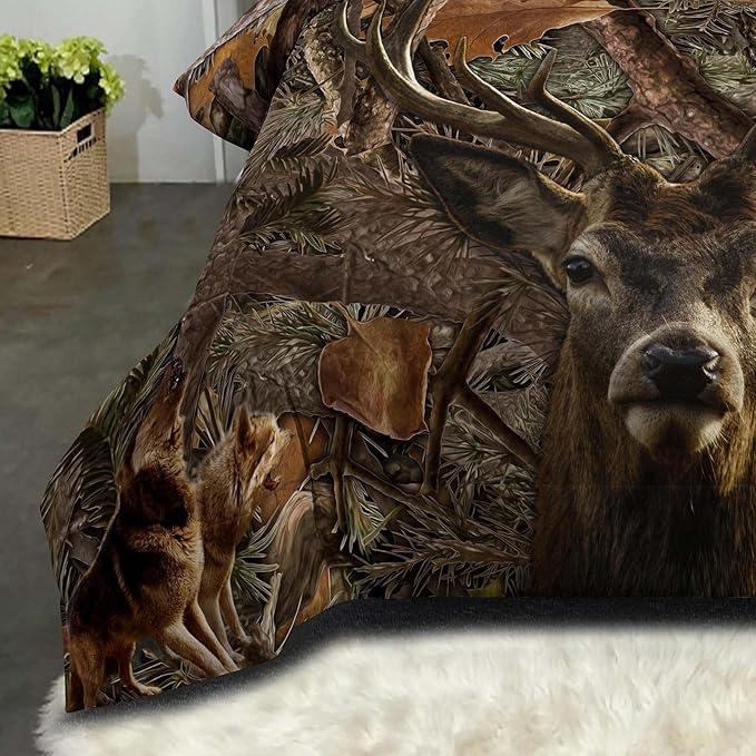 NINENINE Deer Bedding Sets Full Size for Boys Adult Teens Western Woodland Camo Comforter Moose Wildlife Forest Bedding,Bear Animals Hunting Bed Sets with 1 Comforter 2 Pillowcases - LeafyLoom