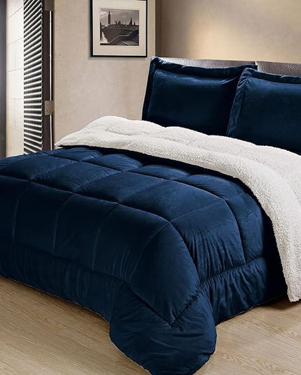 Cathay Home King Comforter Set: Ultra Soft and Plush Reversible Micromink and Sherpa 3-Piece Bedding Set, Navy, King (102" x 90") - LeafyLoom