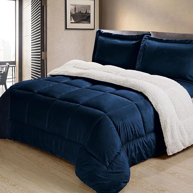 Cathay Home King Comforter Set: Ultra Soft and Plush Reversible Micromink and Sherpa 3-Piece Bedding Set, Navy, King (102" x 90") - LeafyLoom