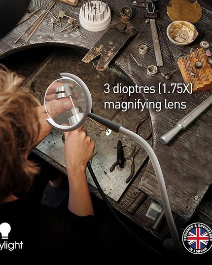 Daylight Company - Magnificent Pro - Magnifying lamp, Bright 6,000K Daylight LEDs, CRI 95+, 3 in 1 Lamp, 1.75X semi-Rimless Lens, Lumens: 600, White - LeafyLoom