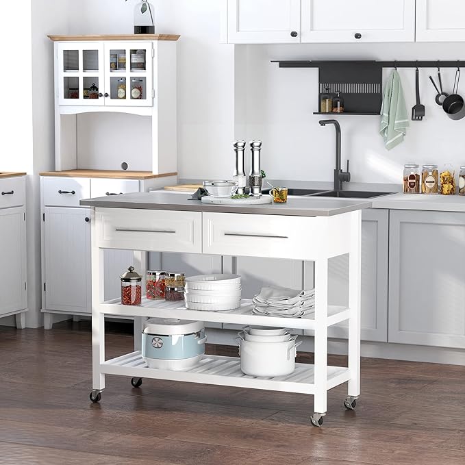 HOMCOM Kitchen Island Rolling Utility Trolley Cart with 2 Drawers Stainless Steel Top - White - LeafyLoom