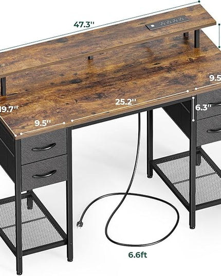 47 inch Computer Desk with 4 Drawers, Gaming Desk with LED Lights & Power Outlets, Home Office Desk with Large Storage Space for Bedroom, Work from Home, Rustic Brown - LeafyLoom