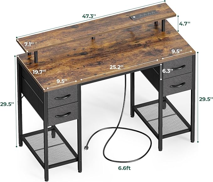 47 inch Computer Desk with 4 Drawers, Gaming Desk with LED Lights & Power Outlets, Home Office Desk with Large Storage Space for Bedroom, Work from Home, Rustic Brown - LeafyLoom