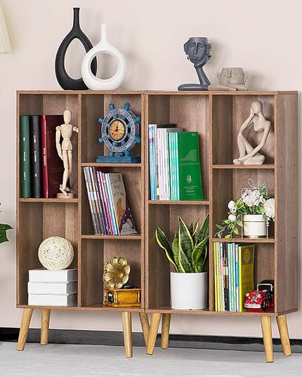 5 Cube Small Bookshelf,3 Tier Mid-Century Modern Bookcase with Legs,Wood Kids Bookshelves Storage Organizer Shelf,Free Standing Narrow Book Shelves,Oak Grey Corner Bookcases for Bedroom,Living Room - LeafyLoom