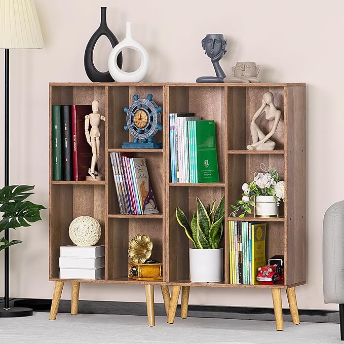 5 Cube Small Bookshelf,3 Tier Mid-Century Modern Bookcase with Legs,Wood Kids Bookshelves Storage Organizer Shelf,Free Standing Narrow Book Shelves,Oak Grey Corner Bookcases for Bedroom,Living Room - LeafyLoom
