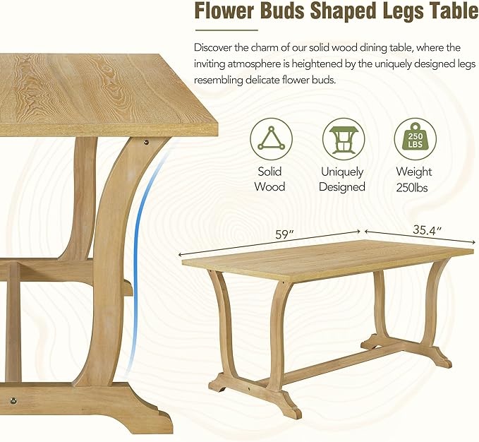 Dining Table Set for 6, Farmhouse 6-Piece Trestle Dining Room Table Set with Upholstered Dining Chairs and Bench, Kitchen Table Set for Dining Room, Brown+Beige - LeafyLoom