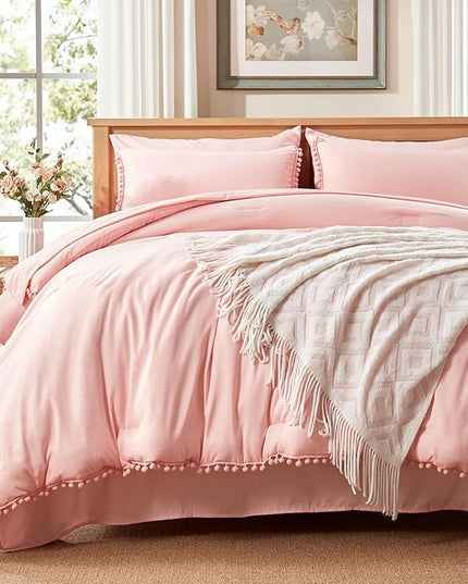 Anluoer Queen Comforter Set 7 Piece, Pink Bed in a Bag with Sheets, Pom Pom Boho Bedding Comforter Sets with 1 Comforter, 2 Pillow Shams, 2 Pillowcases, 1 Flat Sheet, 1 Fitted Sheet - LeafyLoom