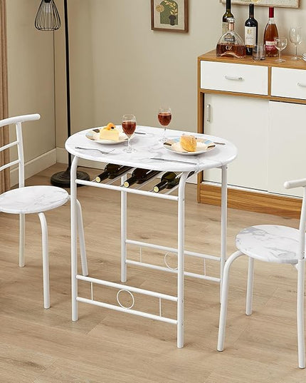 VECELO 3-Piece Dining Table Set for Kitchen Breakfast Nook, Faux Marbled Oval Tabletop and Metal Frame with Built-in Wine Rack, for Small Spaces, 31.5", White - LeafyLoom