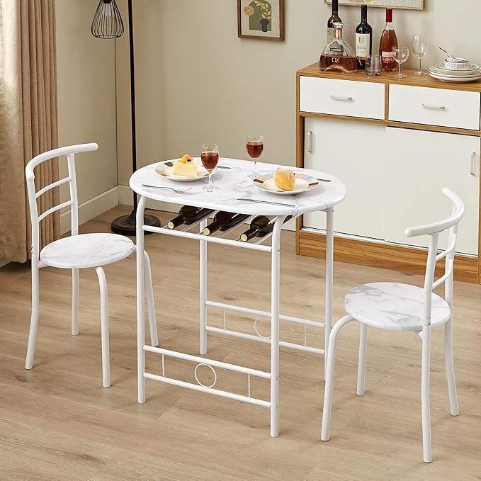 VECELO 3-Piece Dining Table Set for Kitchen Breakfast Nook, Faux Marbled Oval Tabletop and Metal Frame with Built-in Wine Rack, for Small Spaces, 31.5", White - LeafyLoom