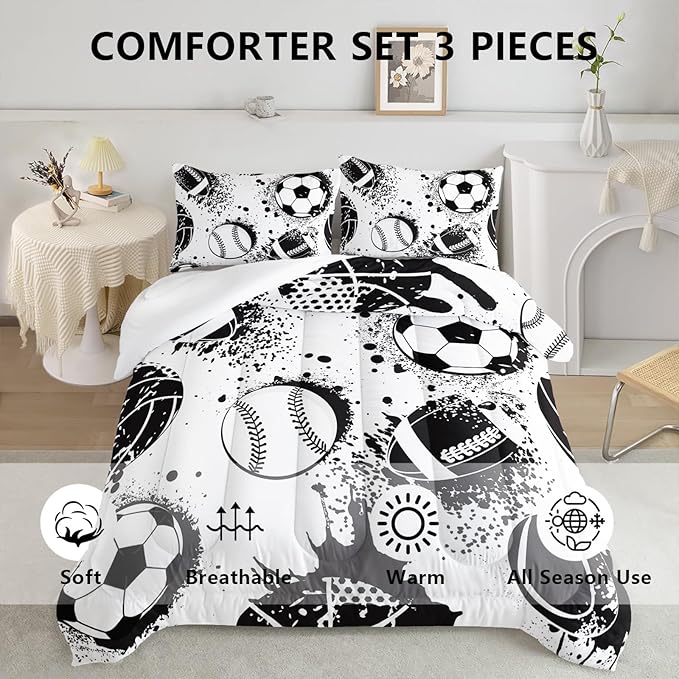 Axolotl Ball Sports Comforter Set Full,Football Soccer Bedding Set,Football Baseball Game Comforter Set,Baseball Comforter Set,Hip Hop Graffiti Artwork Bedding for Boys Kids Men,1 Quilt 2 Pillowcases - LeafyLoom